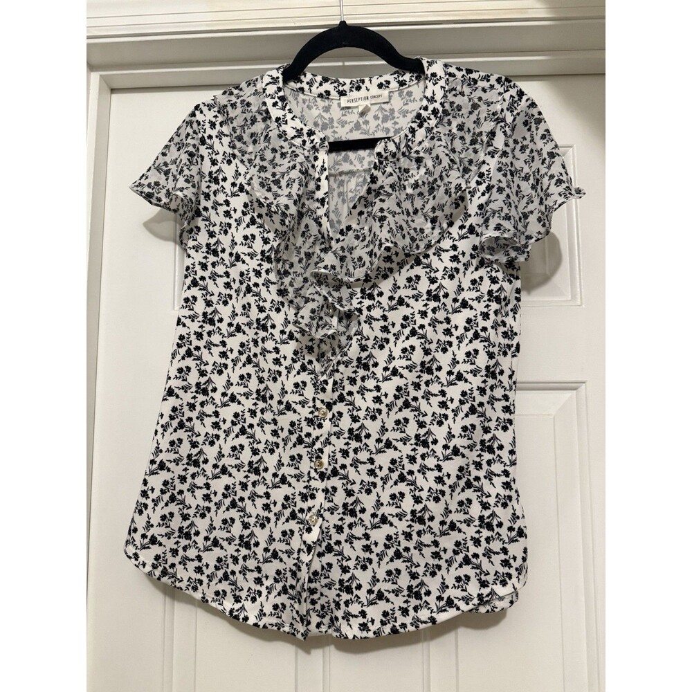 Perseption Concept Womens White T-Shirt Floral Short Sleeve Size S